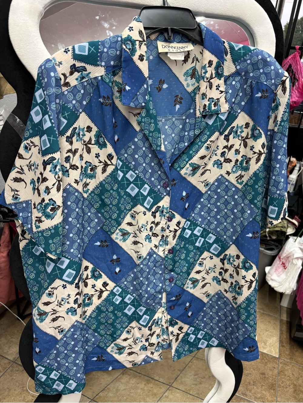 VINTAGE DONNKENNY Blue Patchwork Short-Sleeve women blouse